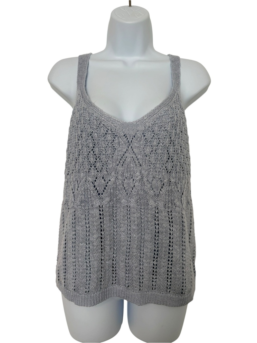 Lauren Conrad LC Blue Gray Open Knit Sweater Tank Top SzL Coastal Cottagecore